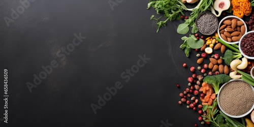 Superfoods on a gray background with copy space. Nuts, beans, greens and seeds. Healthy vegan food. : Generative AI photo