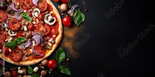 pizza vegetables tomato, onion, pickles, mushrooms, etc. vegan or vegetarian food ready to eat no meat portion on the table for healthy meal snack outdoor top view copy space food back : Generative AI