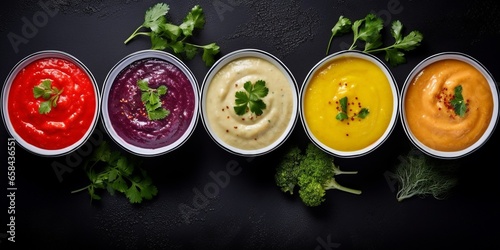 Assortment of colored vegetable cream soups. Dietary food. On a black stone background. Top view. Free copy space. : Generative AI