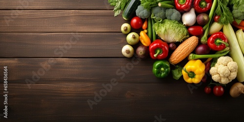 Assortment of fresh organic farmer vegetables food for cooking vegan vegetarian diet and nutrition. Copy space background, top view flat lay overhead : Generative AI