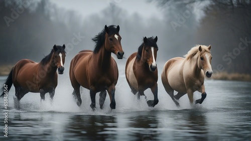 Wild herd of horses running in the cold and misty weather by the river