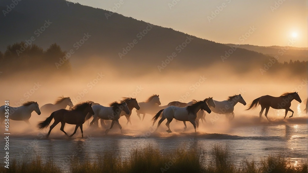 A wild herd of natural horses crossing the river, golden hour. - obrazy, fototapety, plakaty 