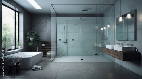 Modern bathroom with detailed granite and glass features, offering a wide, sunlit space with a window