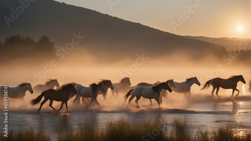 Foto A wild herd of natural horses crossing the river, golden hour.