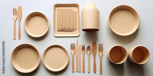 set of empty reusable disposable eco-friendly plates, cups, utensils on light white colored table background. top view. Biodegradable craft dishes. Recycling concept. Close-up. : Generative AI © Generative AI