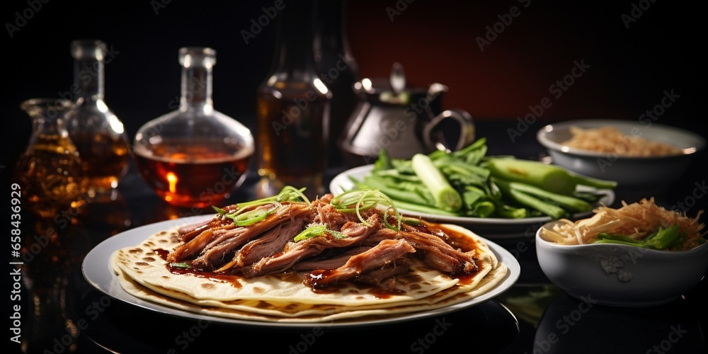 Creatively lit succulent classic Chinese shredded Peking duck with Hoisin sauce and flour pancakes with sliced scallions and cucumber garnish. Copy space. : Generative AI - obrazy, fototapety, plakaty 