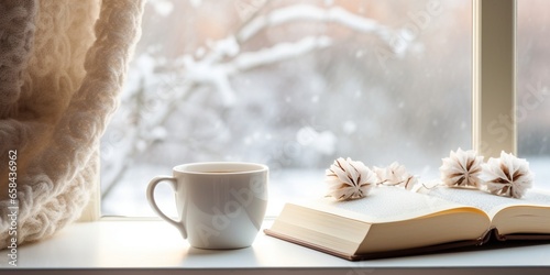 Coffee cup, open book, marshmallow and plaid on a window sill in winter. Concept warm and cozy home decor : Generative AI