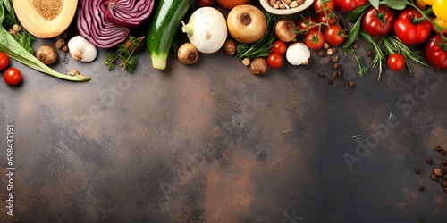 Raw organic vegetables with fresh ingredients for healthily cooking on vintage background, top view, banner. Vegan or diet food concept. Background layout with free text space. : Generative AI photo
