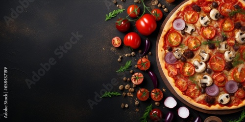 pizza vegetables tomato, onion, pickles, mushrooms, etc. vegan or vegetarian food ready to eat no meat portion on the table for healthy meal snack outdoor top view copy space food back : Generative AI