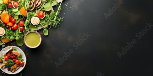Vegan/vegetarian dinner background. Vegetable salad, sandwiches, fresh green smoothie. Healthy eating concept. Detox diet/plan. Space for text. Top view. Vegetarian lunch. Weight loss. : Generative AI © Generative AI