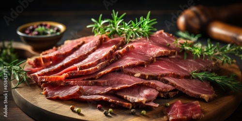 Pastrami slices, dried beef meat with herbs in wooden plate. Wooden background. Top view. Copy space : Generative AI