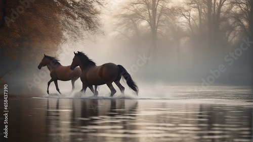 Wild herd of horses running in the cold and misty weather in the river