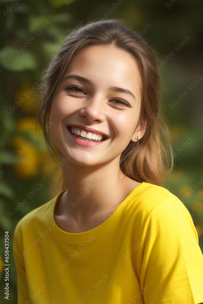 A beautiful woman wearing a yellow  t-shirt laughs happily