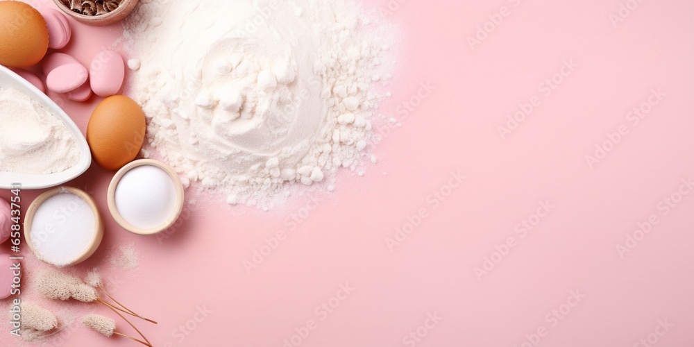 Fototapeta premium Bright pastel pink Background with ingredients for home baking decorated with copy space for text, flat lay, Top view : Generative AI