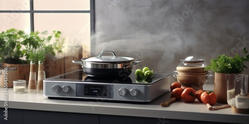Modern table and electric stove with utensils and vegetables in the kitchen beside window : Generative AI