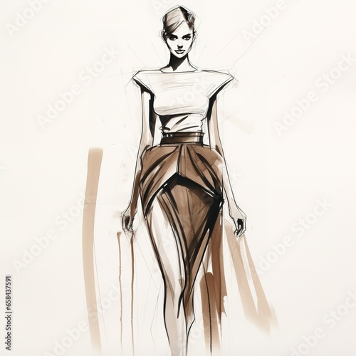 Very simple lines in a hand-drawn fashion sketch of woman design clothes