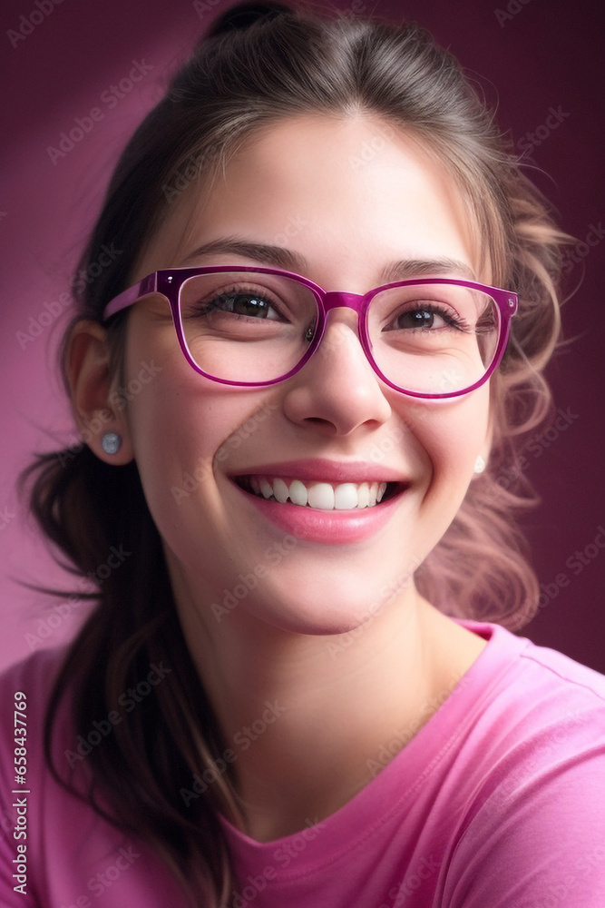 Obraz premium A beautiful woman wearing a pink t-shirt laughs happily.