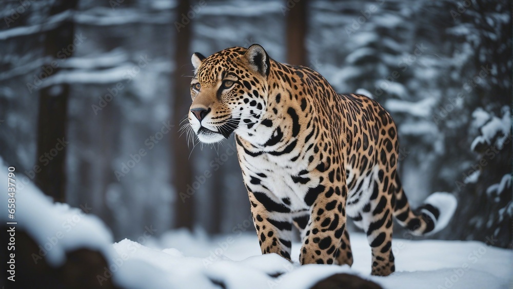 portrait of leopard in the snowy forest portrait of leopard in the snowy forest