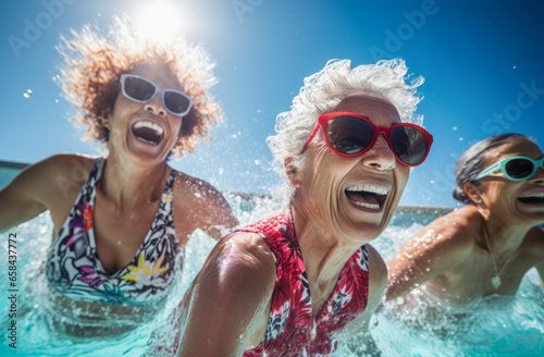 Wallpaper Mural 
Active aging. An energetic group of elderly women having fun swimming in an outdoor pool by the sea. Leads an active lifestyle. This is the path to longevity in the golden age Torontodigital.ca