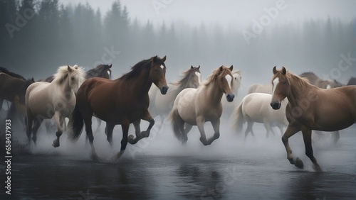 Wild herd of horses running in the cold and misty weather in the river