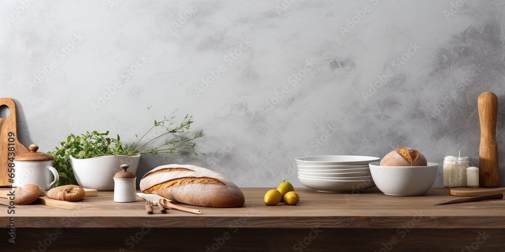 Kitchen table with white modern ceramic and wooden dishware against grey stone wall, baking utensils copy space : Generative AI Kitchen table with white modern ceramic and wooden dishware against grey stone wall, baking utensils copy space : Generative AI