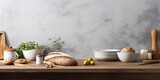 Kitchen table with white modern ceramic and wooden dishware against grey stone wall, baking utensils copy space : Generative AI