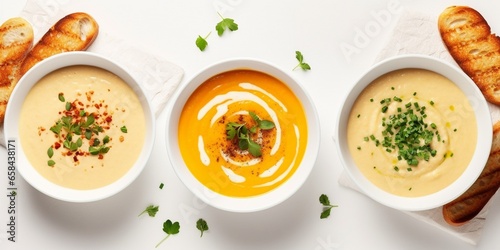 Flat-lay of creamy homemade soup in plates with bread slices over white plain table background, top view, copy space. Autumn Winter creamy vegan soups, vegetarian food menu, comfort fo : Generative AI