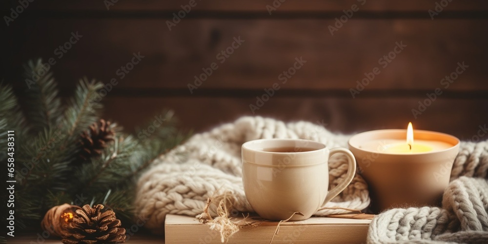 Cozy winter morning at home. Hot tea in cup, knitted plaid, gifts, candles, christmas tree and modern interior details. Winter Flat lay, cozy still life composition, hygge, menu : Generative AI