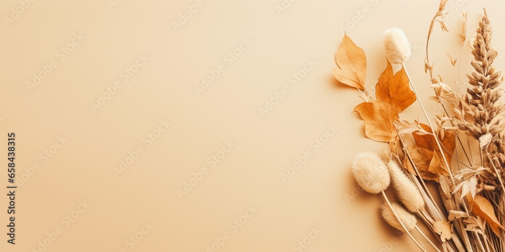 Natural dried flower on beige background. Minimal bohemian flat lay background with dried flower arrangement and copy space. Organic design. Pastel colors. : Generative AI - obrazy, fototapety, plakaty 