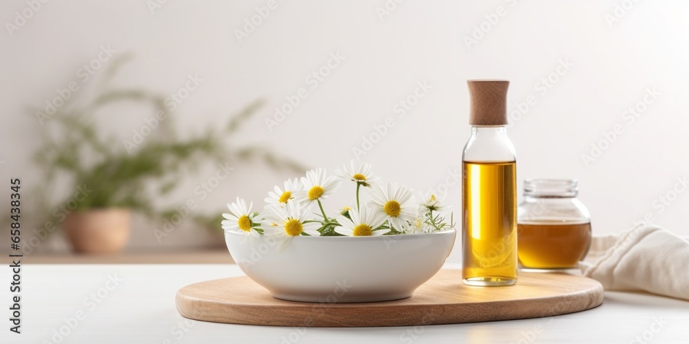 Bowl with chamomile flowers and bottle of essential oil on light background : Generative AI - obrazy, fototapety, plakaty 