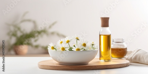 Bowl with chamomile flowers and bottle of essential oil on light background : Generative AI © Generative AI