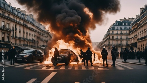 protesters, burning vehicles, flames and smoke at the Paris city