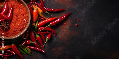 Chili peppers various ingredient: fresh hot peppers, dry, chili flakes, spicy oil on dark background copy space. Spicy condiment. : Generative AI