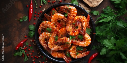 shrimp spicy prawn seafood meal vegetarian food pescetarian diet Asian Cooking snack copy space food background rustic. top view : Generative AI