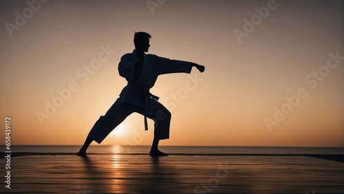 silhouette of far eastern man doing karate in nature at sunrise