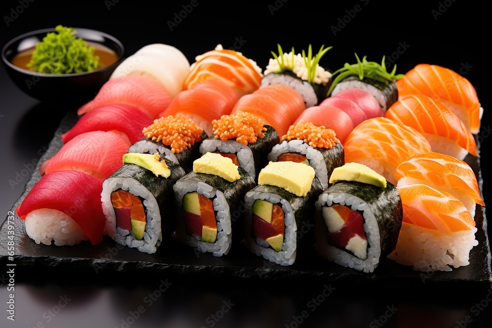 Overhead japanese sushi food. rolls with tuna, salmon, shrimp. Top view of assorted sushi Overhead japanese sushi food. rolls with tuna, salmon, shrimp. Top view of assorted sushi