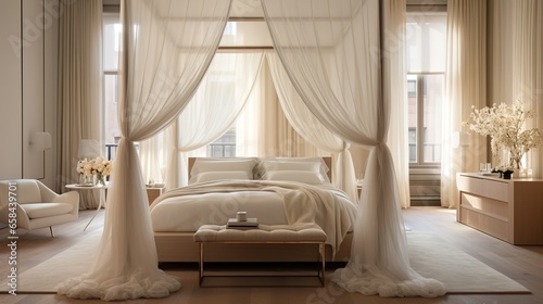 Simple and elegant bedroom with a canopy bed and sheer curtains