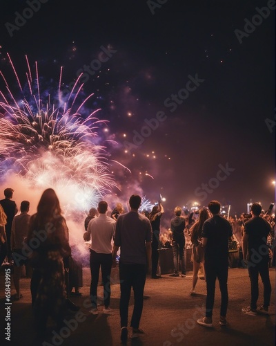 Firework celebrations in the city with silhouettes of people watching.