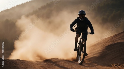 silhouette of a cyclist descending a hill on a mountain bike in dust and smoke