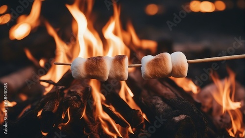 marshmallows toasting on a stick over a campfire photo