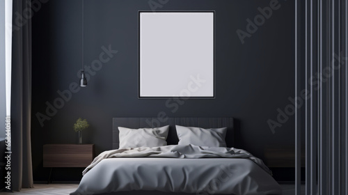 Mock up poster in dark black minimalistic bedroom, 3d render
