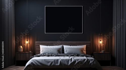Mock up poster in dark black minimalistic bedroom, 3d render