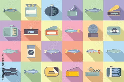 Sardine icons set flat vector. Fish oil. Can snack tin sea