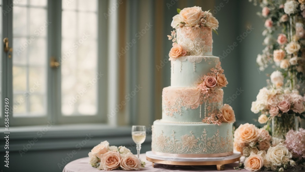 Layered wedding cake decorated with flowers