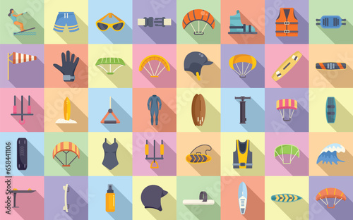 Kitesurfing icons set flat vector. Active fun. Kite board