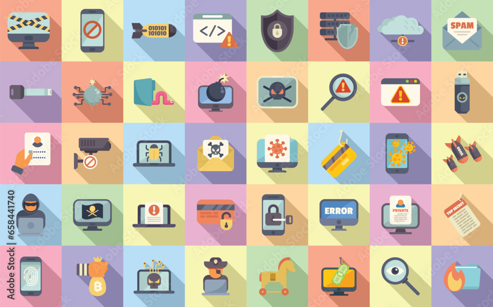 Cyber crime icons set flat vector. Crime bank. Scam email Cyber crime icons set flat vector. Crime bank. Scam email