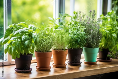 Different aromatic potted herbs, basil, rosemary, parsley, thyme. Spring eco organic garden on windowsill at home. Close up.