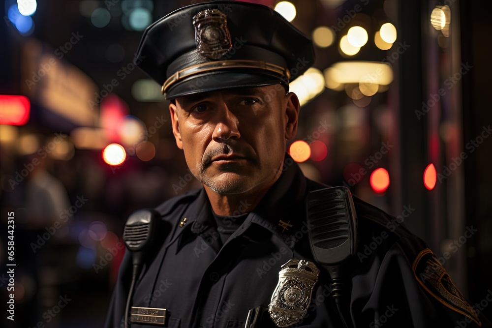 An officer of the law, donned in a crisp uniform, carrying out their duties with integrity An officer of the law, donned in a crisp uniform, carrying out their duties with integrity