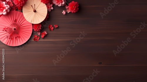 Chinese decoration on wooden background. Top view flat lay lunar new year. Suitable for design projects related to Chinese culture  festivals  celebrations  or themed events.