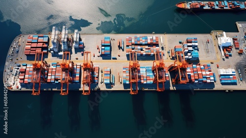 Aerial view of a cargo port, container ship in import export and business logistic